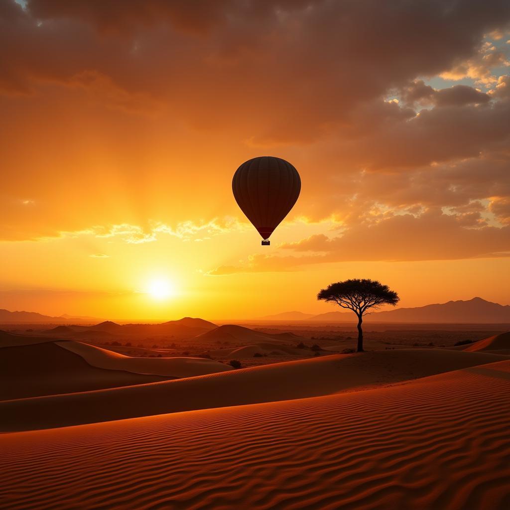 Hot air balloon safari over the African desert at sunrise.