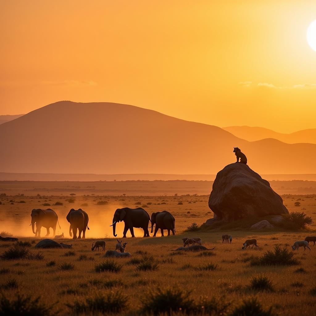 African desert wildlife panorama: Elephants, gazelles, and lions roam freely across the vast savanna.