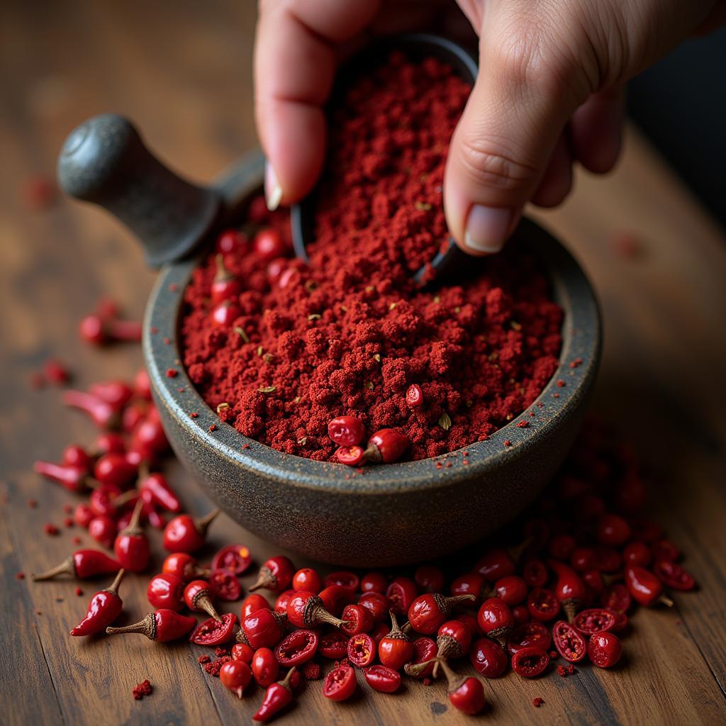 African Devil Red Chillies in a Mortar and Pestle