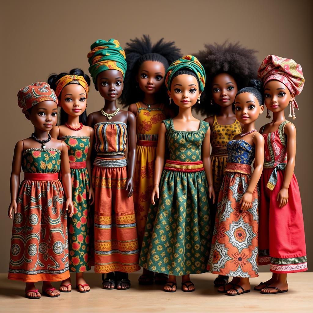 Traditional African Doll Clothes: Showcasing a variety of vibrant patterns and styles on dolls, highlighting the rich textile heritage of different African cultures.