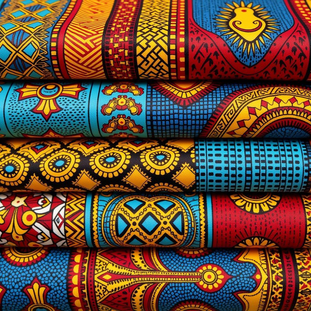 A close-up view of different African fabrics, showcasing the intricate patterns and symbolic use of colors.