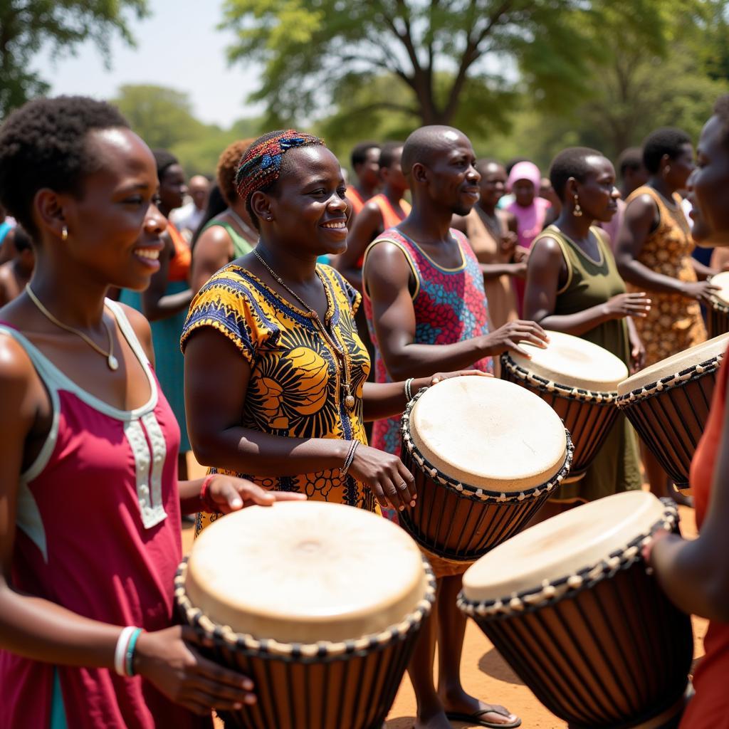 African drum circle performing traditional rhythms on YouTube