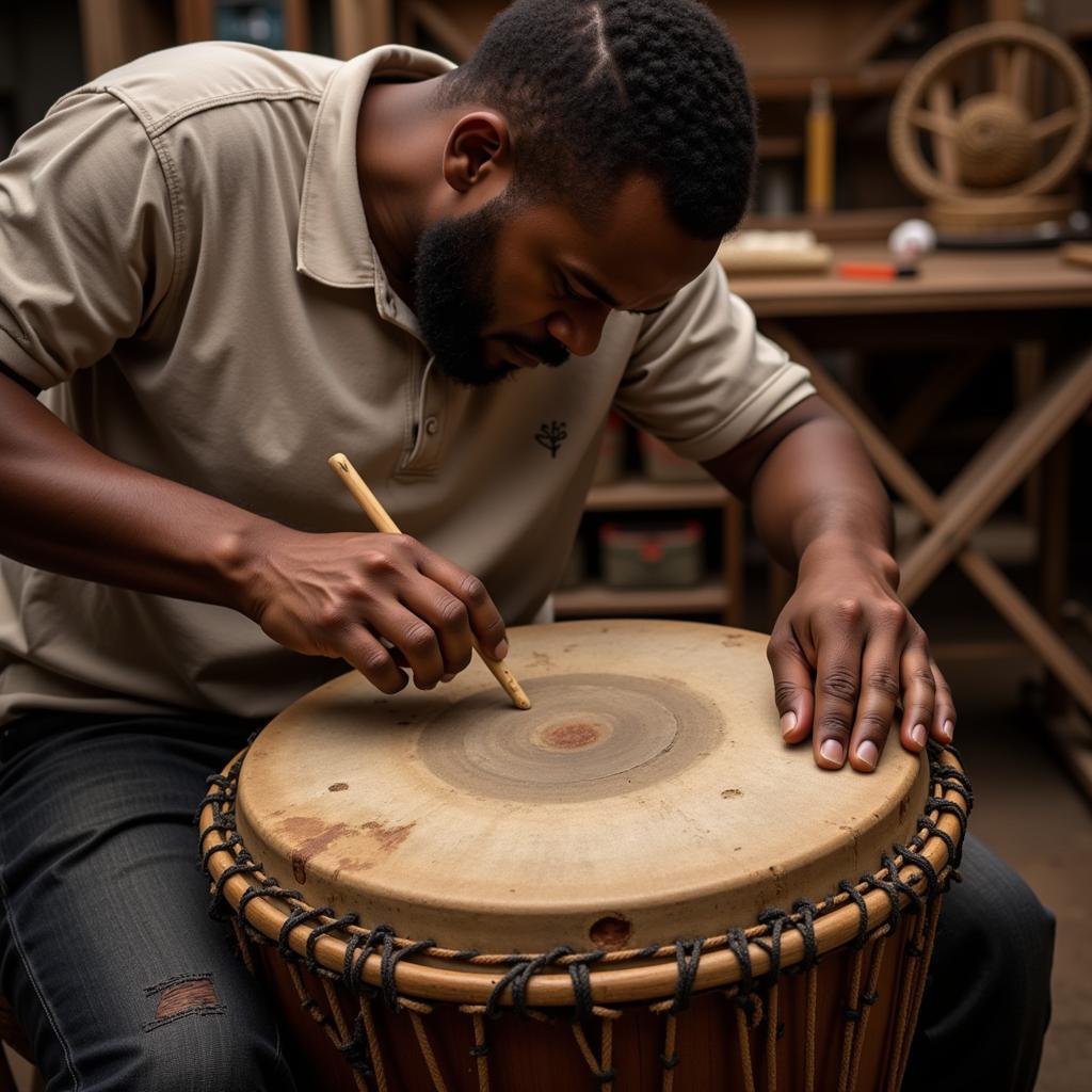 Expert repairing an African drum