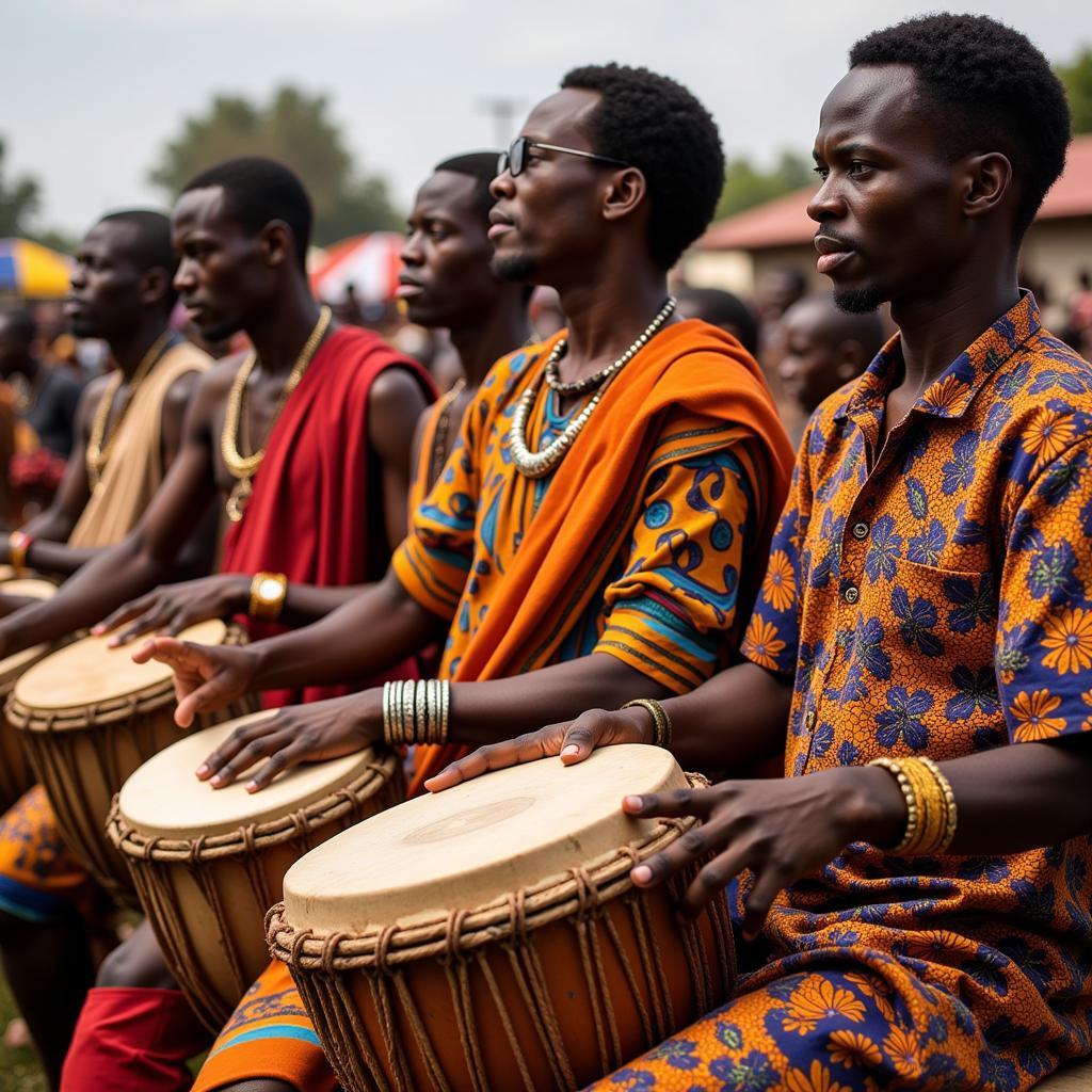 African Drummers Performing in a Traditional Ceremony