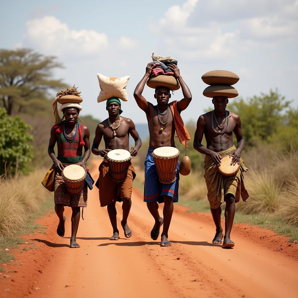 African drummers playing rhythmic music during a journey