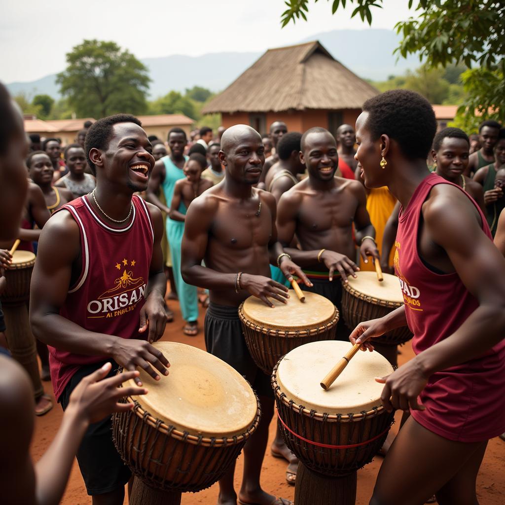 African drummers performing at a village celebration