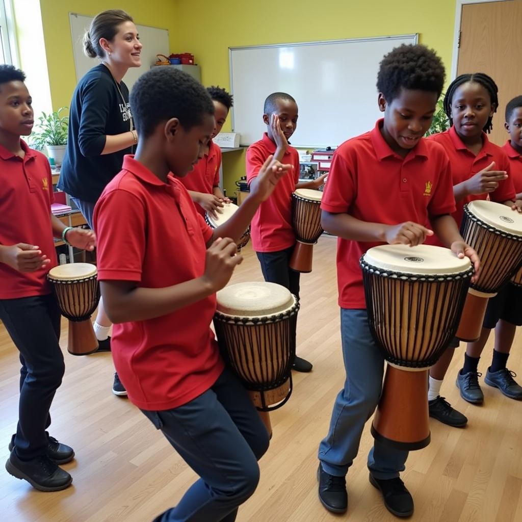 Primary school children participating in an African drumming and dance workshop.