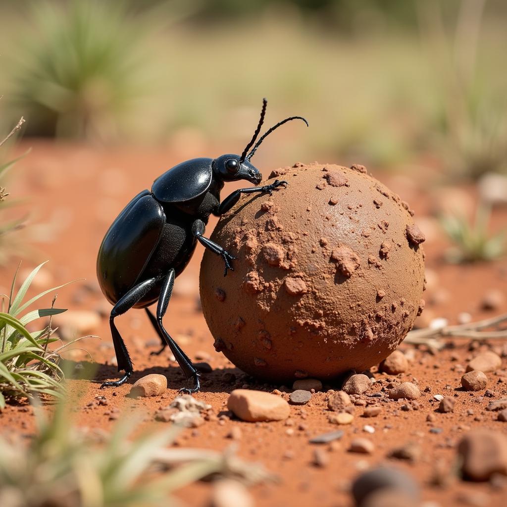 African dung beetle rolling a dung ball