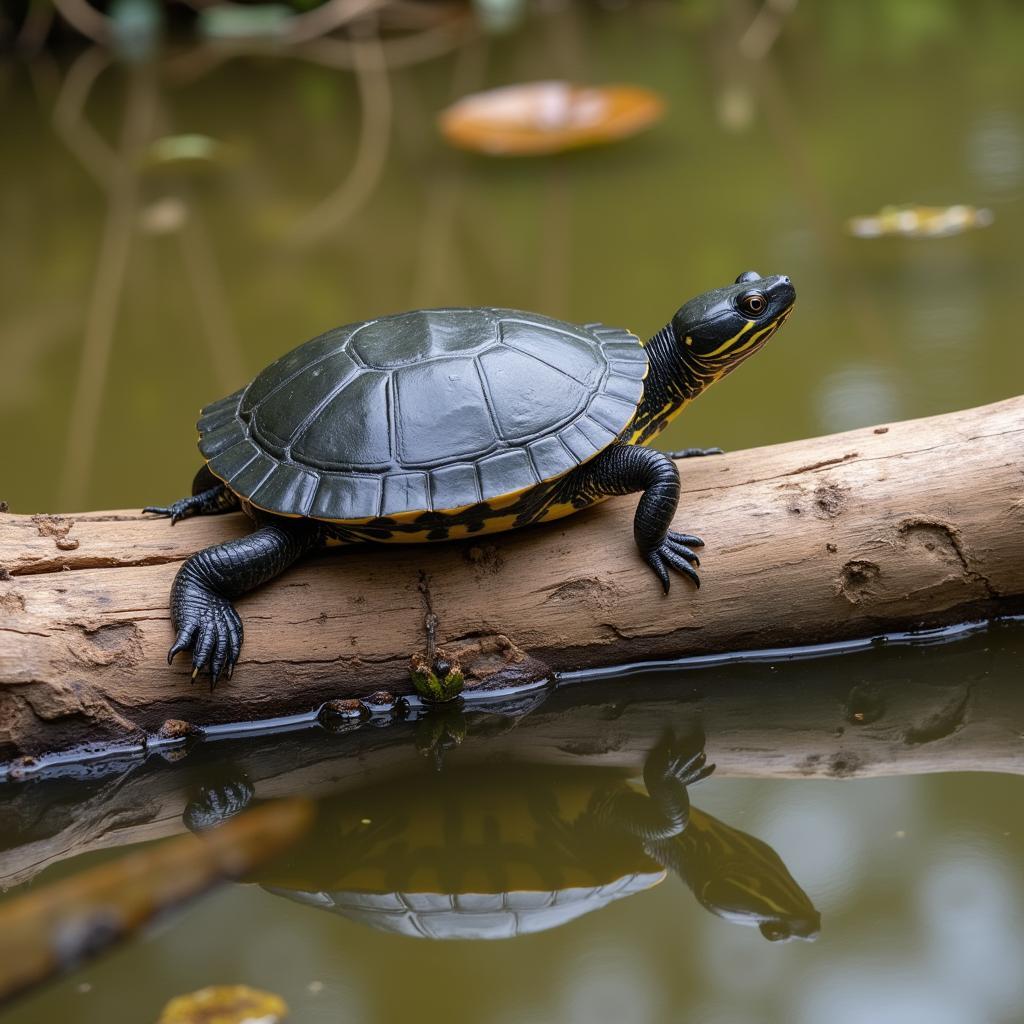 African Dwarf Mud Turtle Basking on a Log