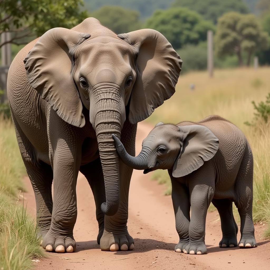 African Elephant Calf and Mother Trunk Interaction