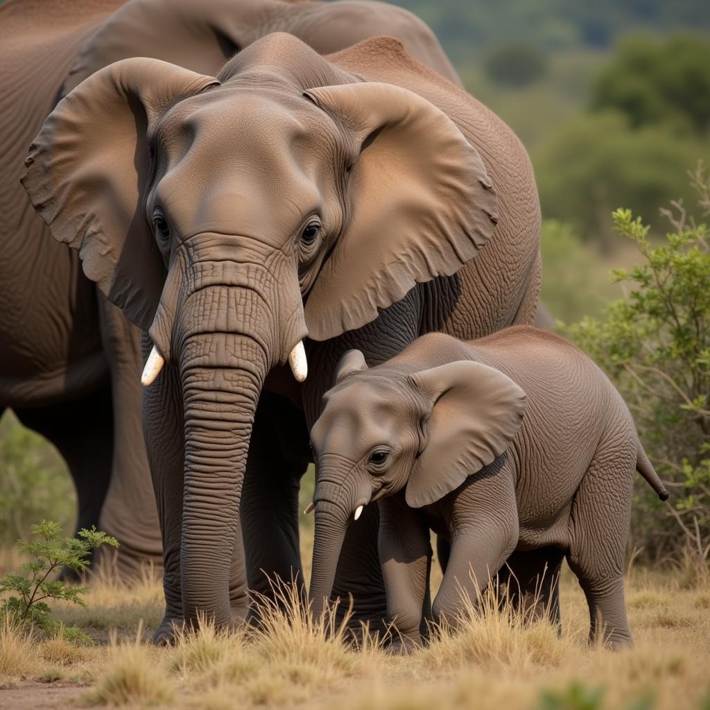 African Elephant Calf with Mother