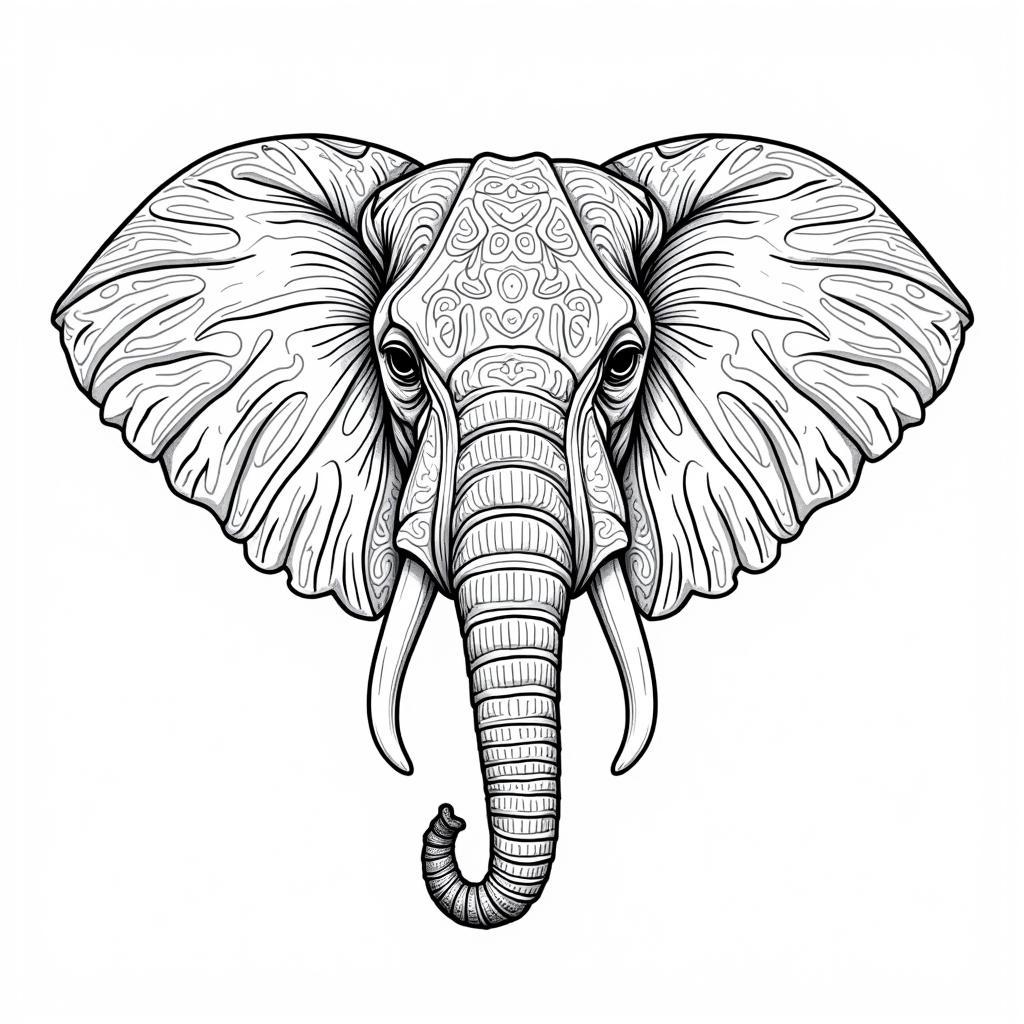 Intricate adult coloring page featuring an African elephant with detailed patterns