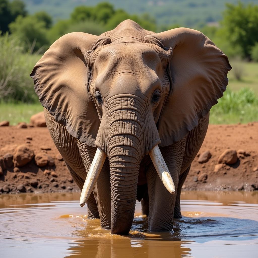 African Elephant Cooling Down in a Waterhole