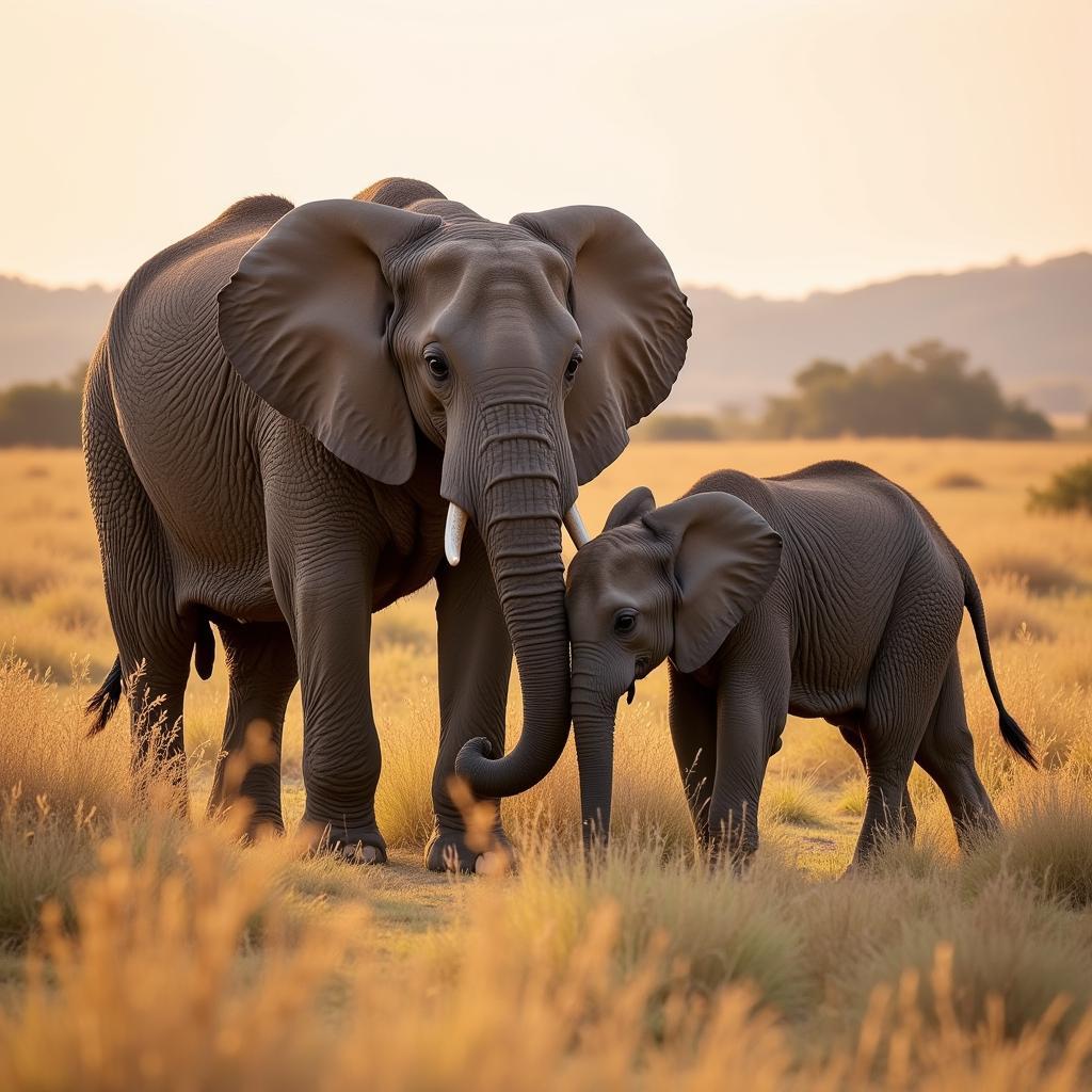 African Elephant Family in Savannah