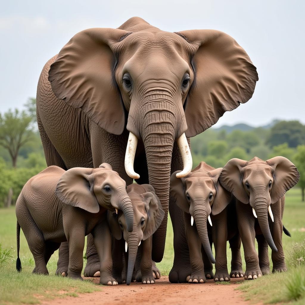 African Elephant Family Group: Matriarch and Calves