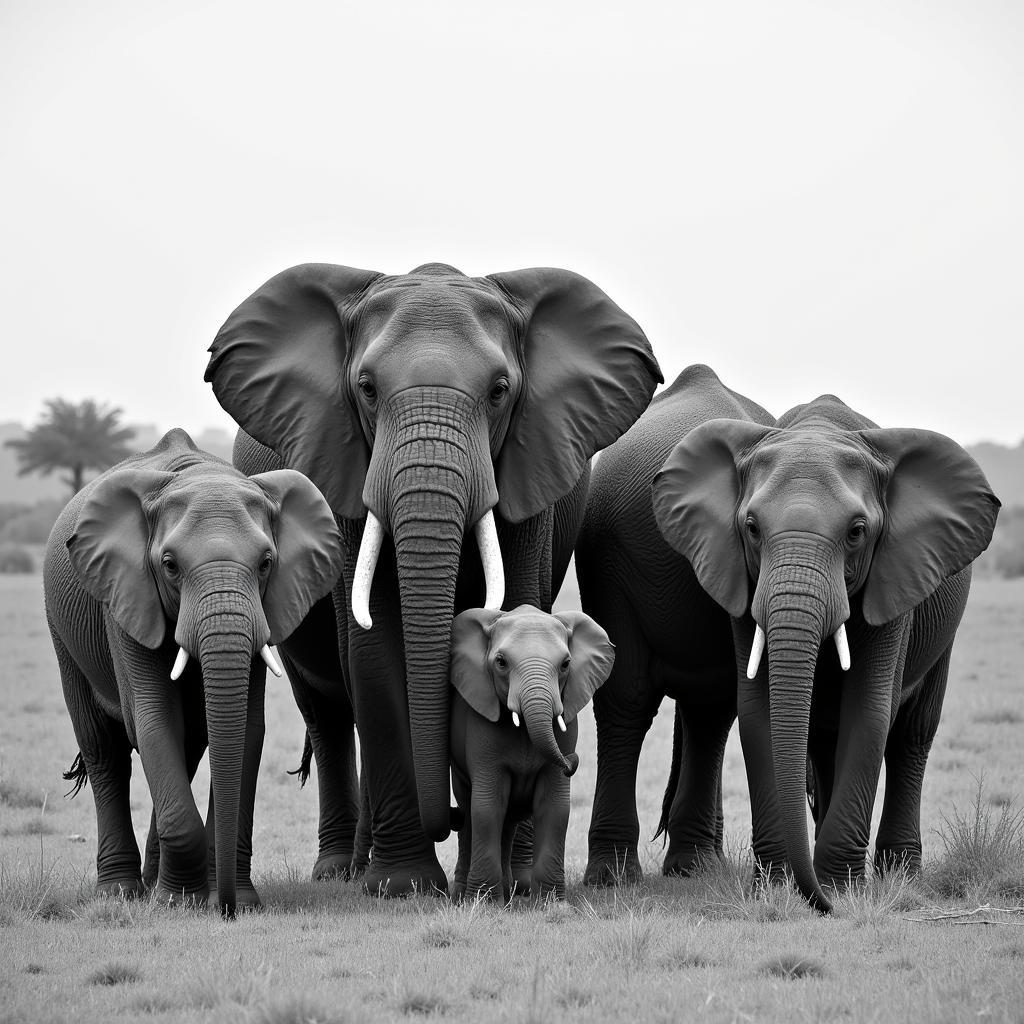 African elephant family herd in black and white