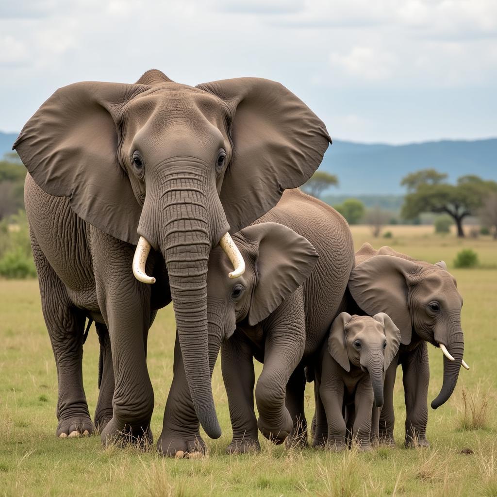 African Elephant Family in Protected Area