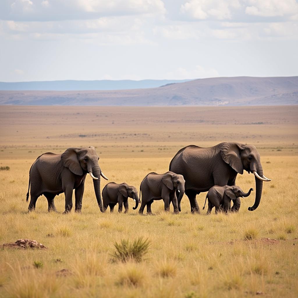 A family of elephants walking across the African savanna