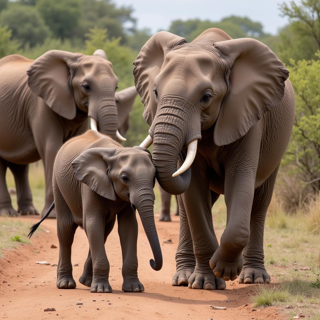 African Elephant Family Interaction: A mother elephant uses her trunk to gently guide her calf, showcasing the strong bond within elephant herds.