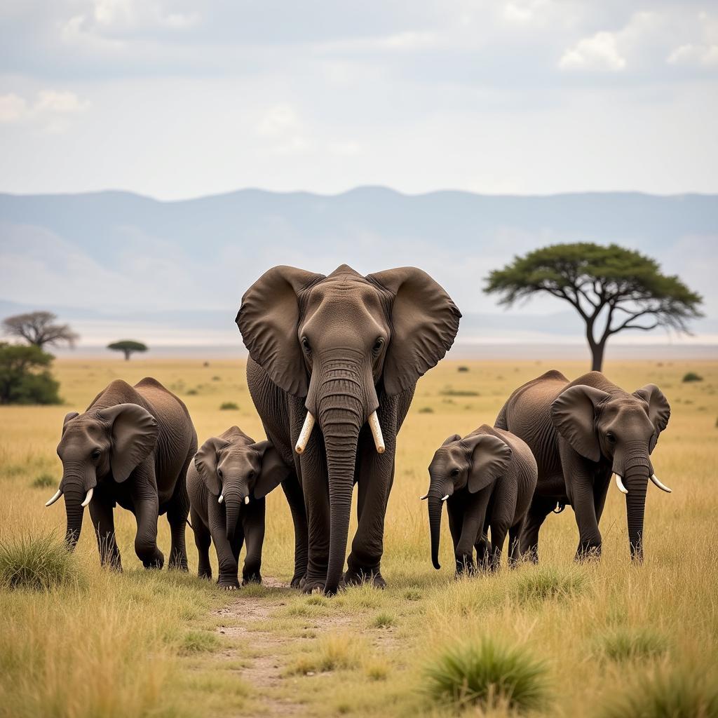 African Elephant Family on the Savanna