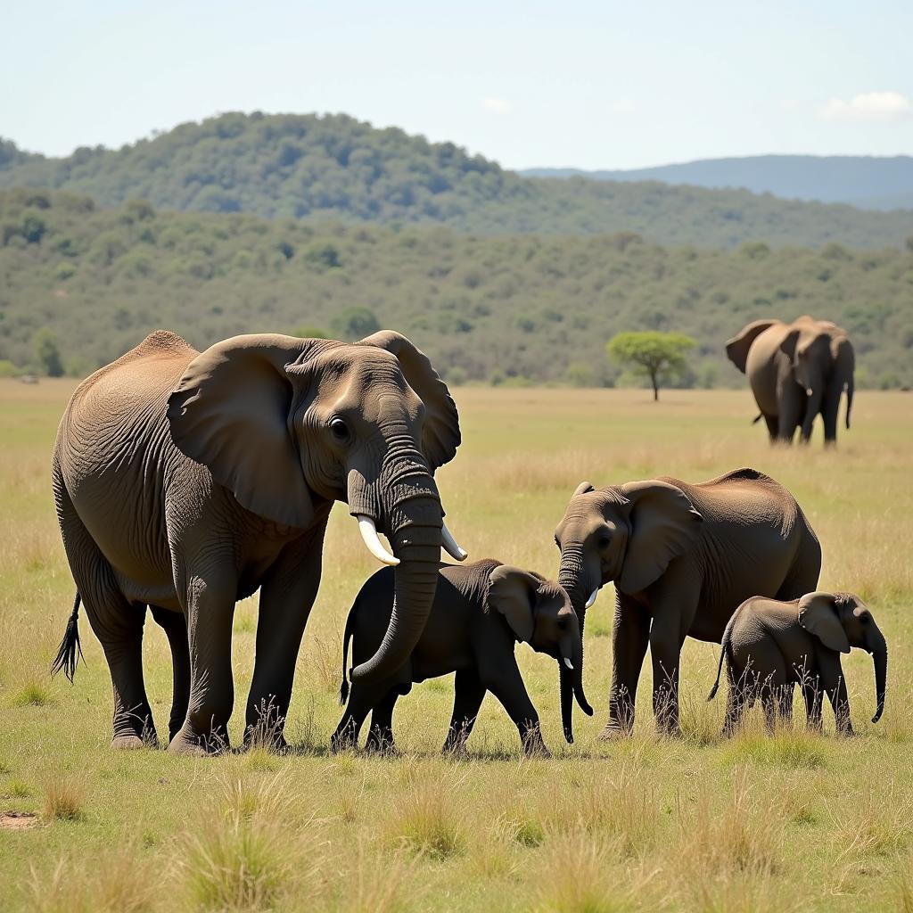 African Elephant Family in Their Savanna Habitat