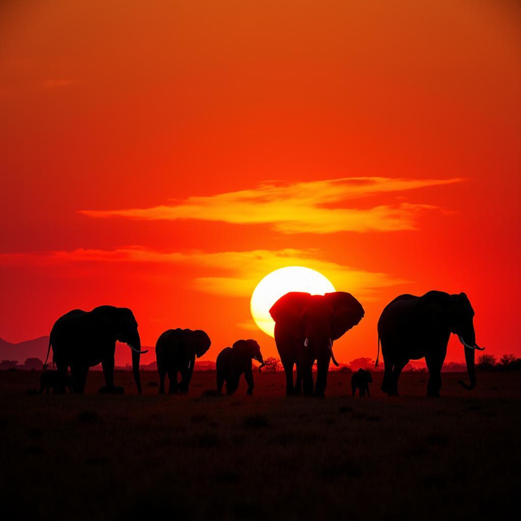 African Elephant Family in Savannah at Sunset