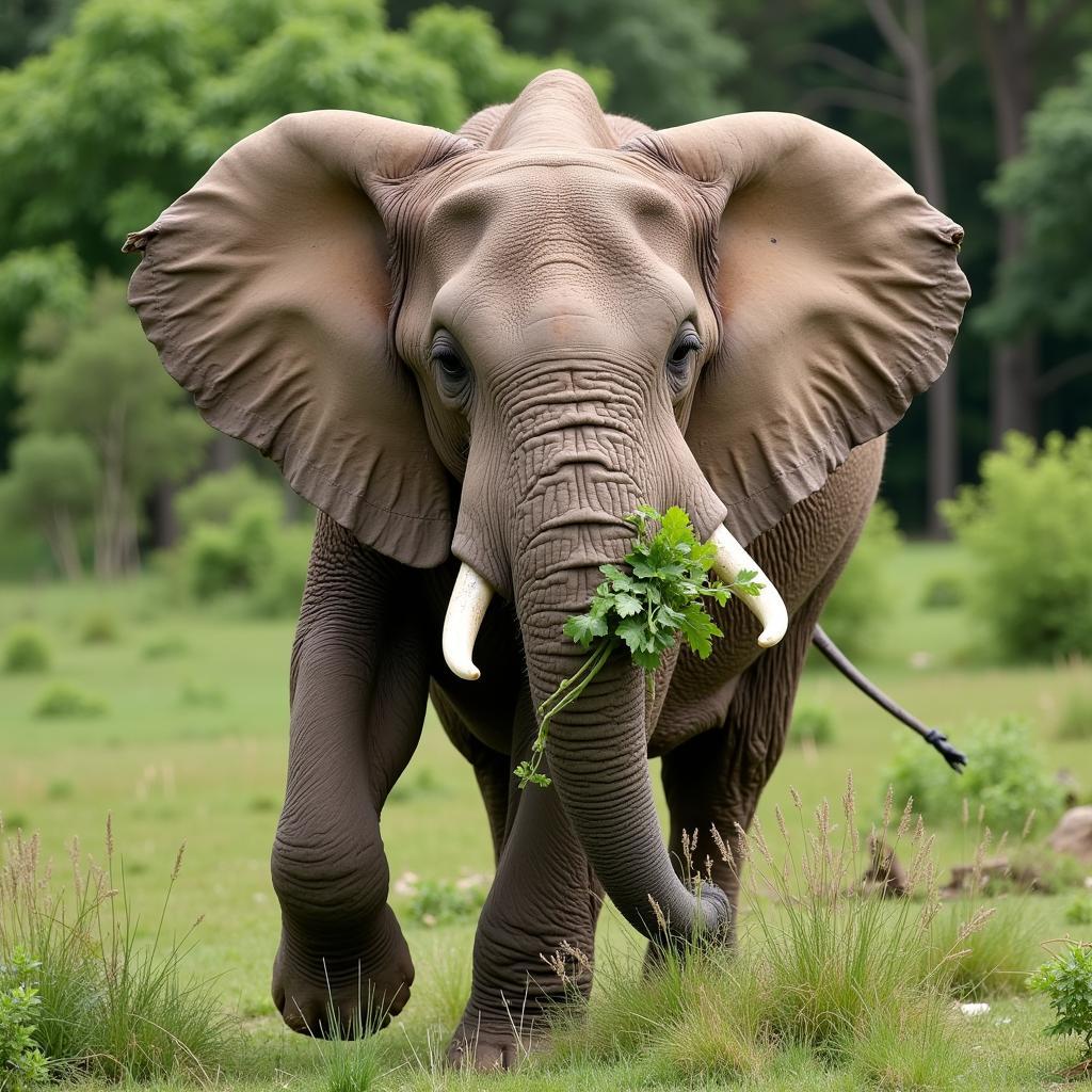 African Elephant Feeding on Vegetation