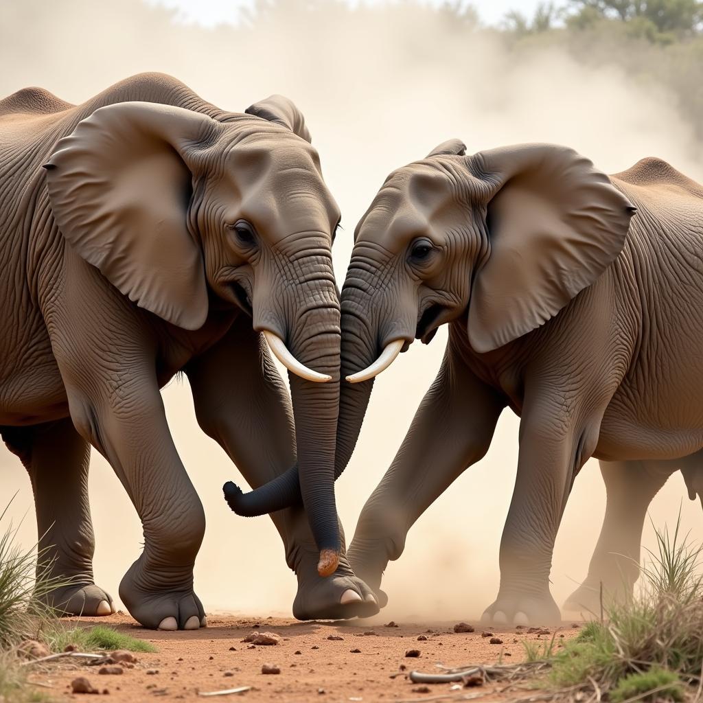 Two African elephants fighting for dominance