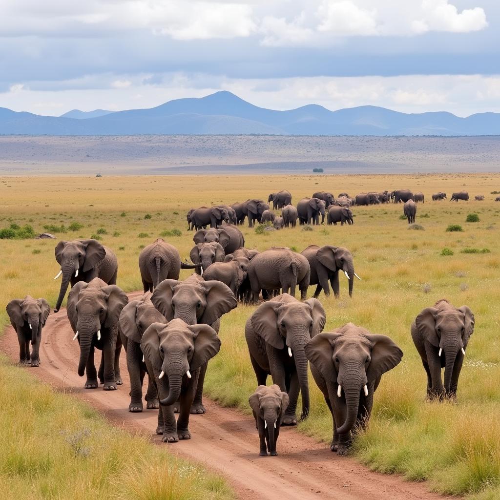 African Elephant Herd in Savanna