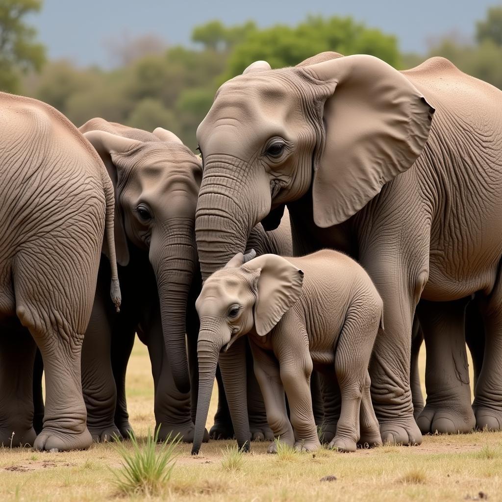 African Elephant Herd with Newborn Calf