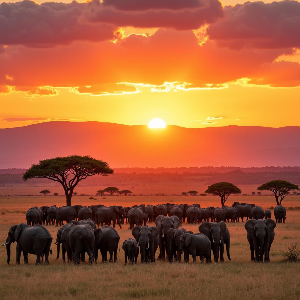 African Elephant Herd Roaming the Savannah