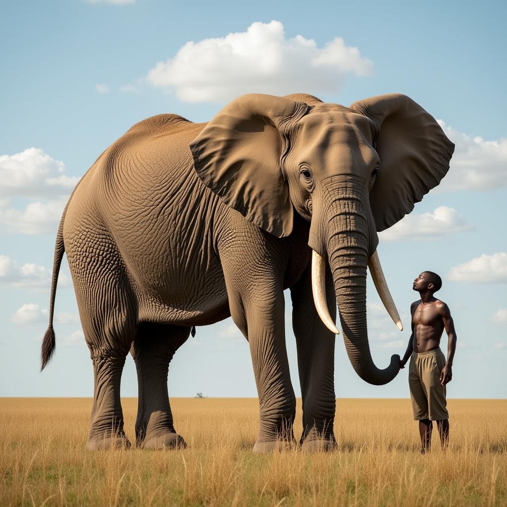 African Elephant and Human Size Comparison in Savannah Setting