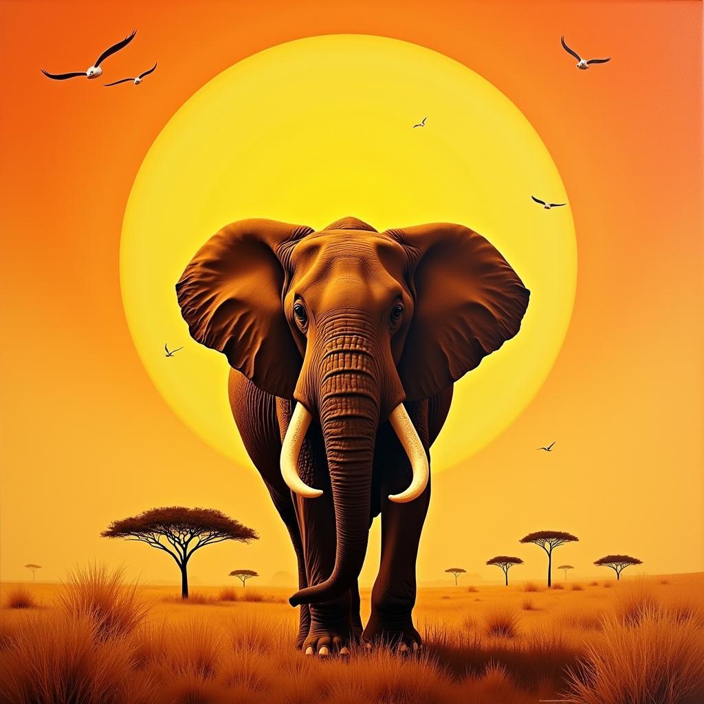 Vibrant painting of an African elephant on canvas, capturing the animal's spirit and the beauty of the African savanna.