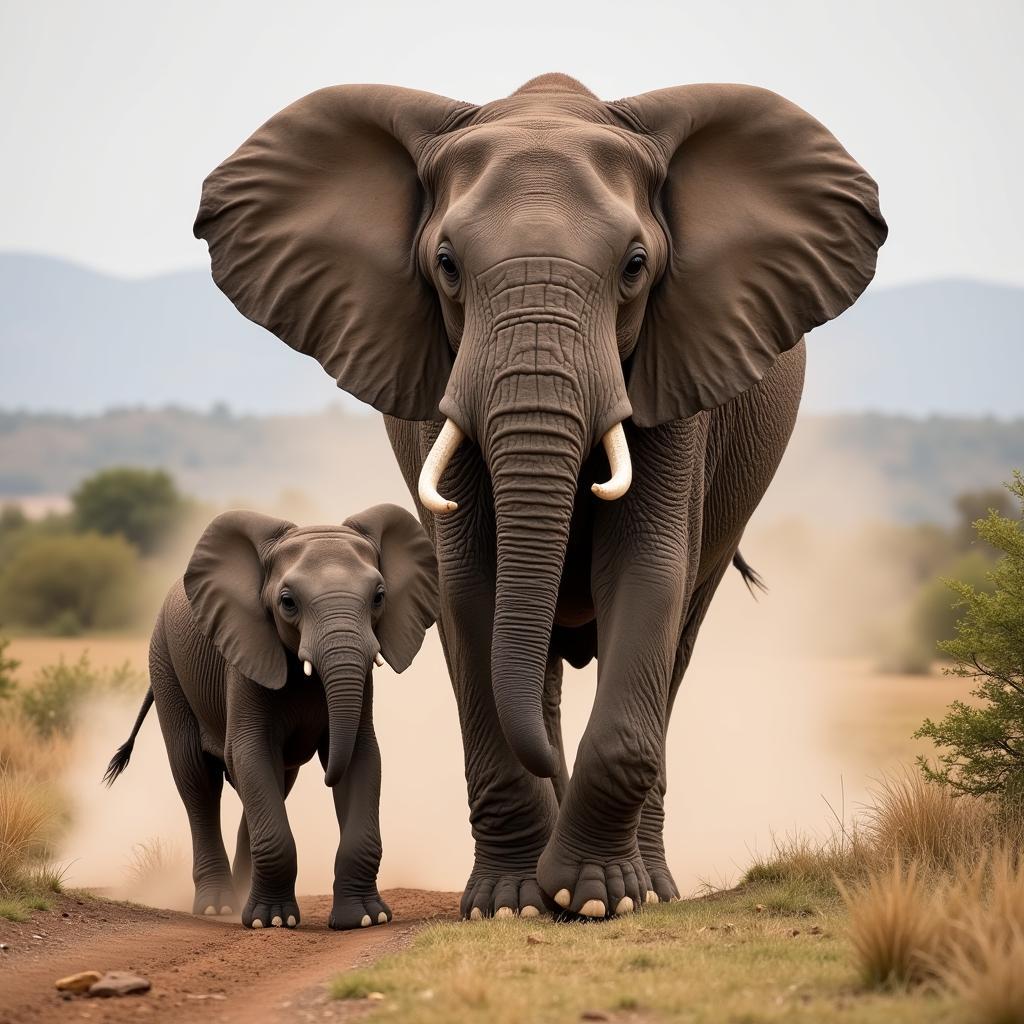 African Elephant Protecting Calf from Perceived Threat