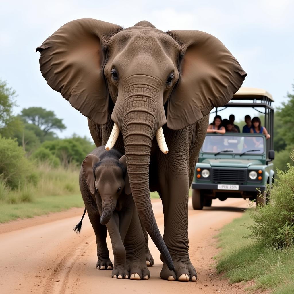 African Elephant Protecting its Calf from a Tourist