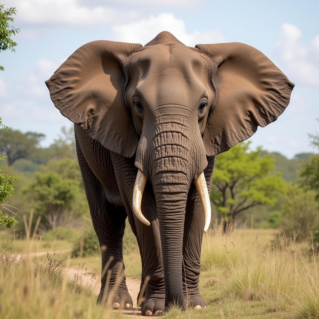 African Elephant Savannah Weight: A male African savanna elephant stands majestically, showcasing its impressive size and weight against the backdrop of the African savanna.