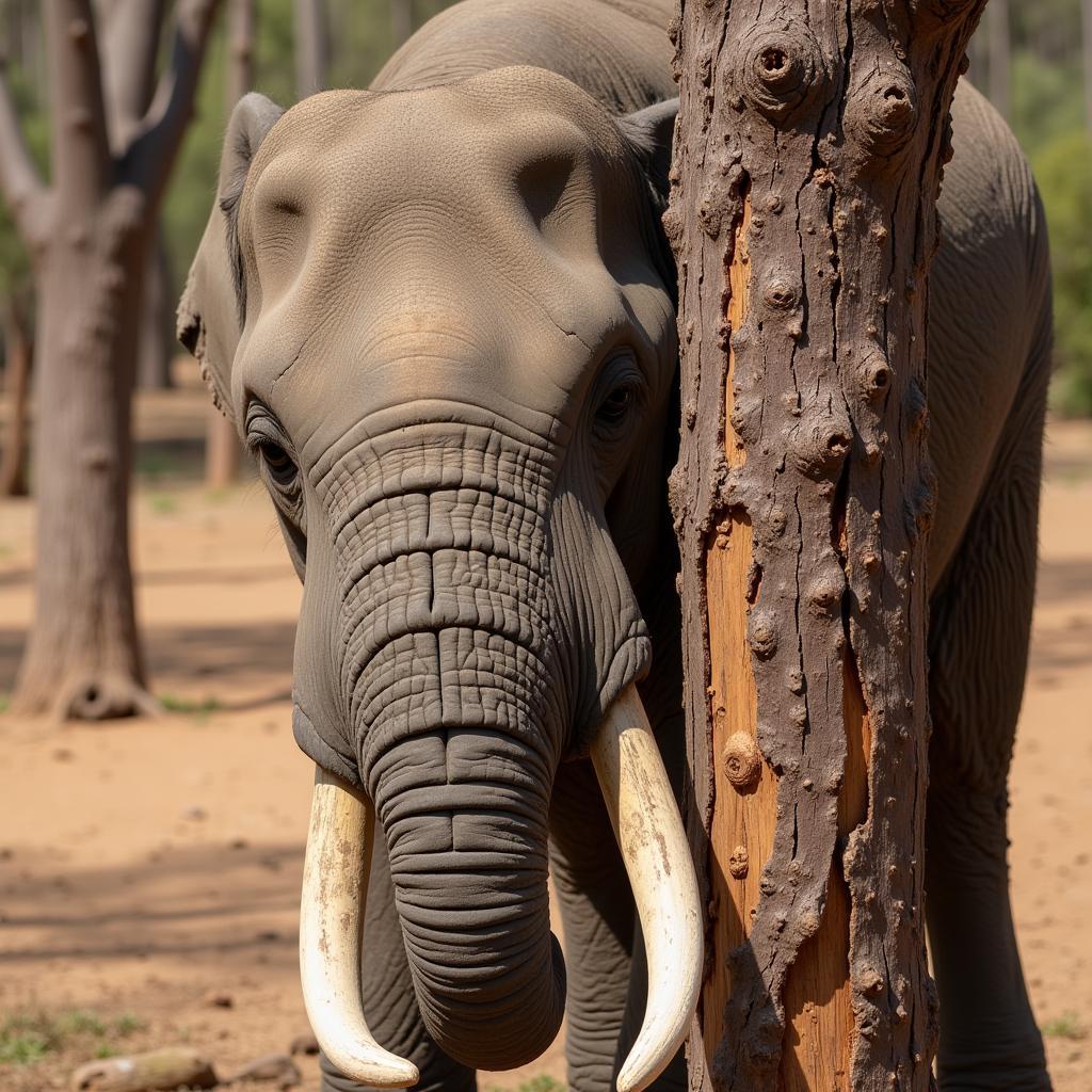 African Elephant Stripping Bark from a Tree