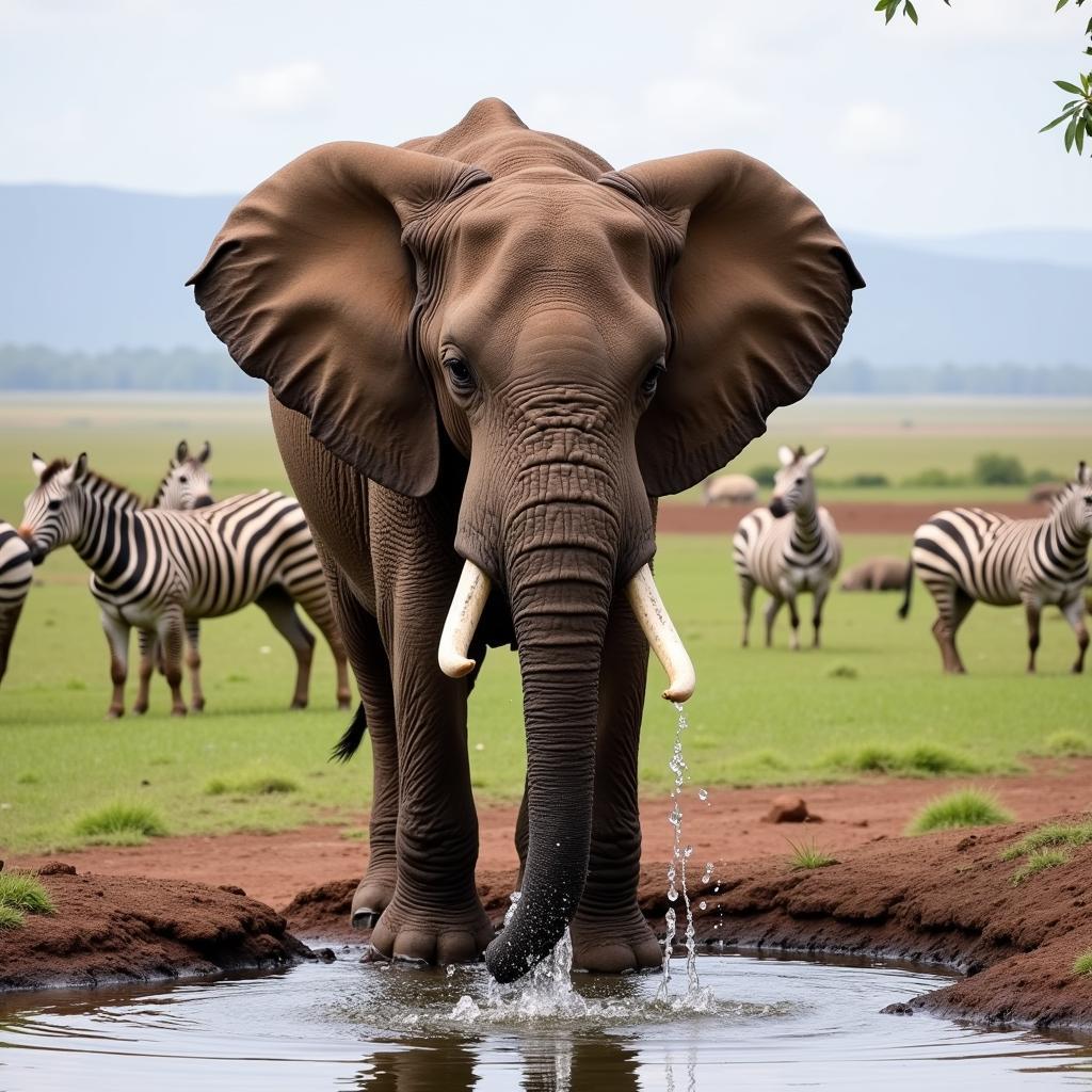 African Elephant Using Trunk to Drink Water in the Savanna