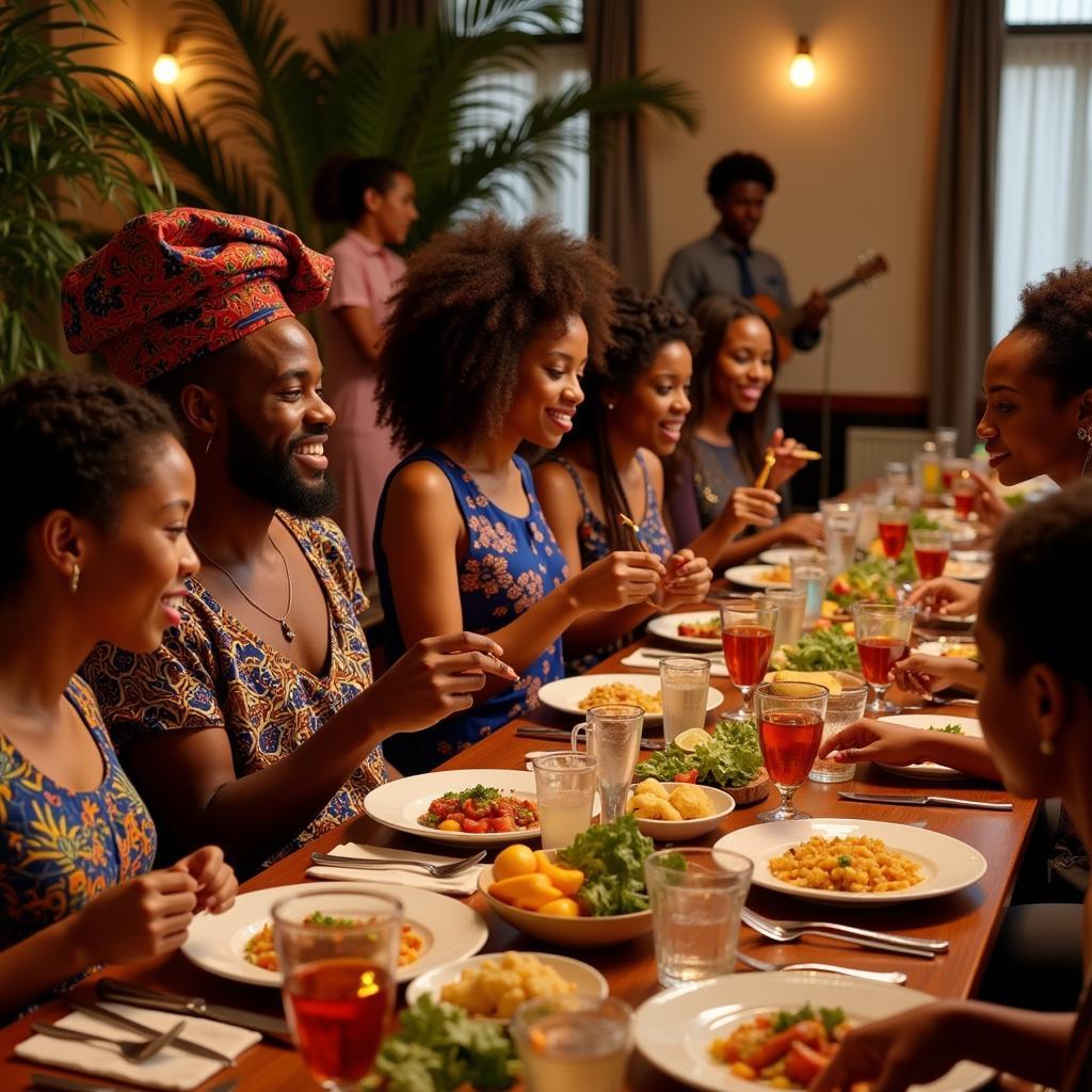 Guests in colorful traditional attire enjoying food and music at an African engagement party.