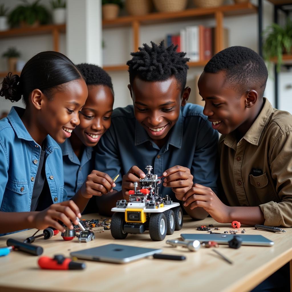 African engineer boys building a robot