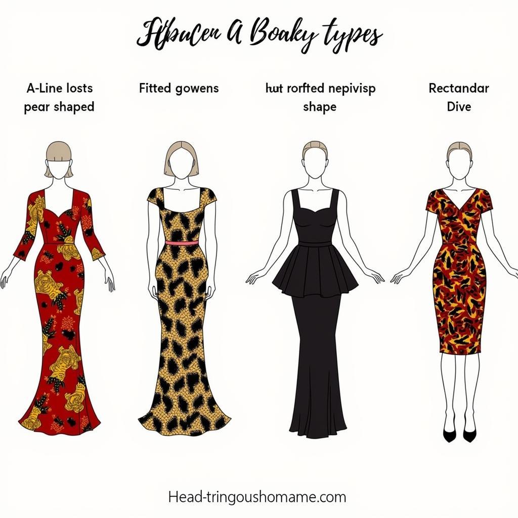 An illustration demonstrating how different African evening dress styles flatter various body types, like pear, hourglass, and rectangular shapes.