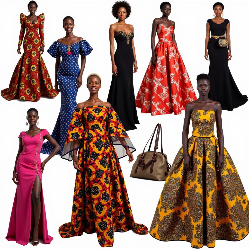 Showcasing different styles of African evening dresses, featuring Ankara and Kente prints, highlighting their vibrant colors and unique designs.