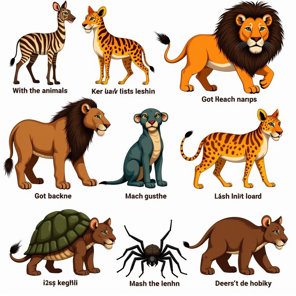 A collection of animal characters commonly found in African fables, including a lion, a tortoise, and a spider.