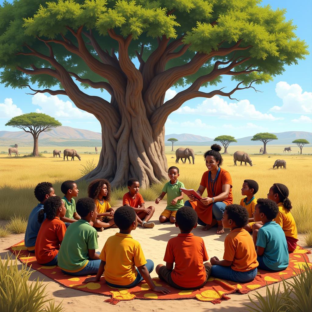 Children gathered around a storyteller listening to African fables