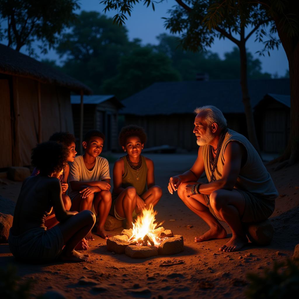 African Storytelling Tradition Depicting Elders Sharing Fables around a Fire