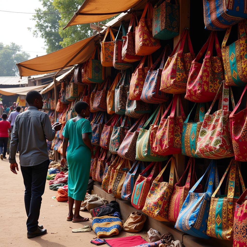 Vibrant African Fabric Bags on Display at a Local Market