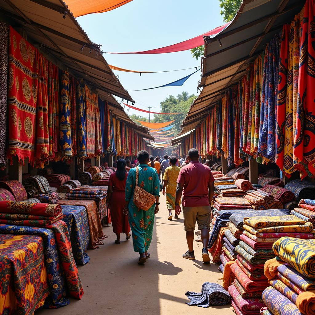 Vendors selling colorful African fabrics in a bustling market