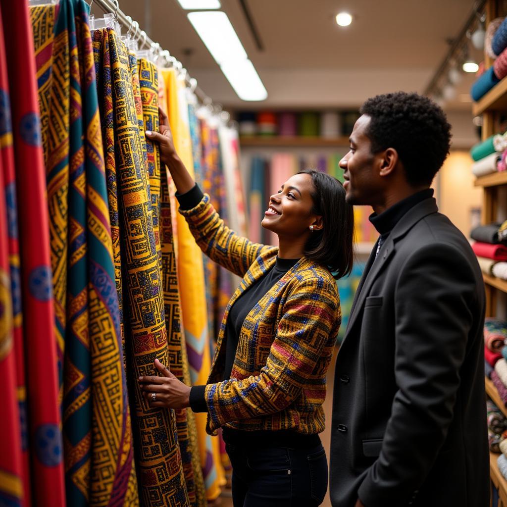 Customer browsing African fabrics in Manchester