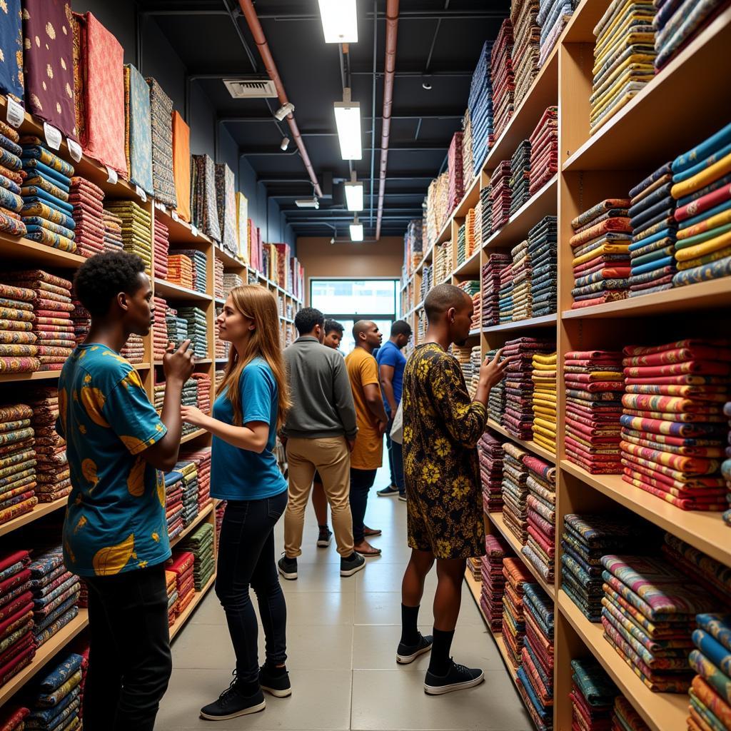 Vibrant display of African fabrics in a Manchester shop