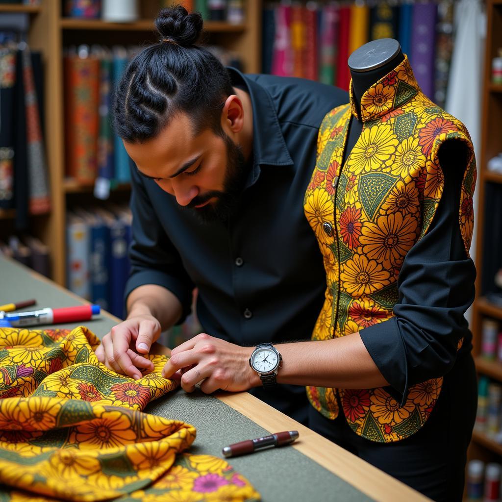 Tailor working with African fabric in a Manchester shop